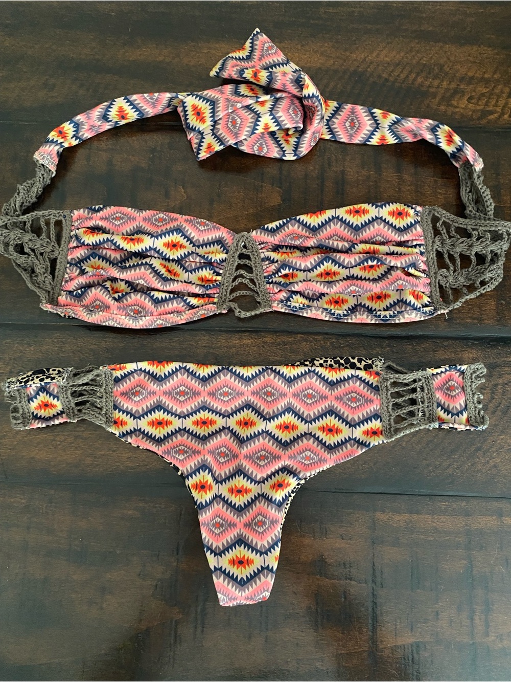 acacia swimwear Pink Multi Tribal Crochet-Trim Bandeau Bikini